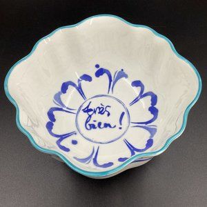 Anthropologie Bonjour Hilde Phrase Bowl Tres Bien White Blue Green Stoneware